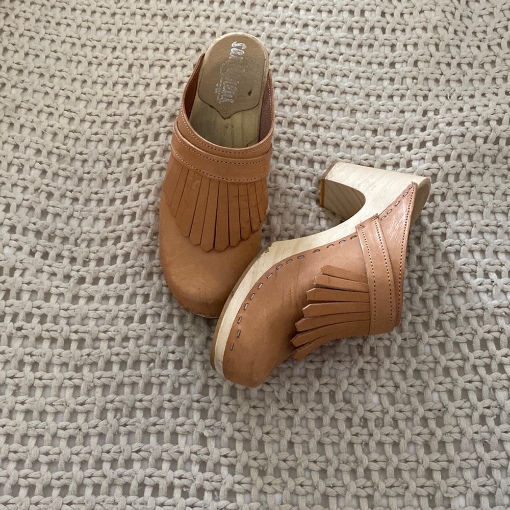 Brown leather hand made clogs